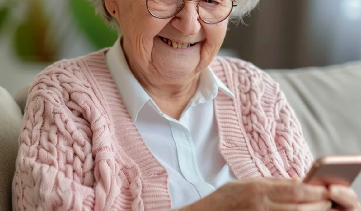 Grand-mère souriante utilisant un smartphone.