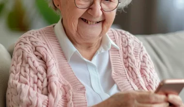 Grand-mère souriante utilisant un smartphone.