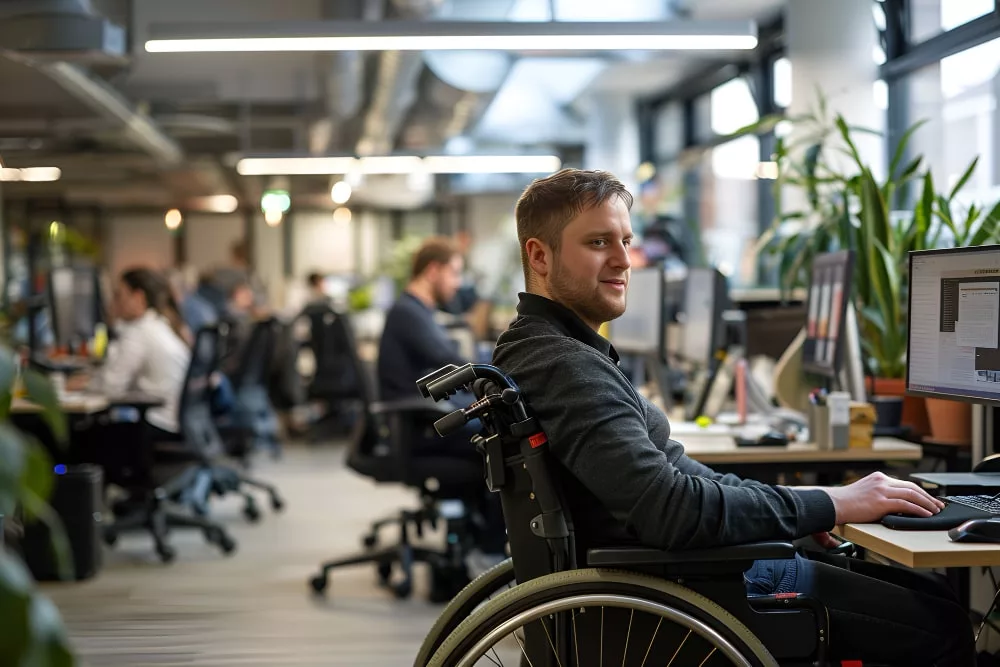 Homme en fauteuil roulant travaillant devant ordinateur.