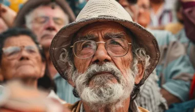 Homme âgé regardant attentivement lors d'un rassemblement.