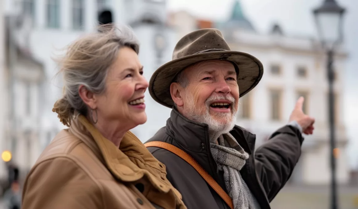 Couple senior souriant explorant la ville.