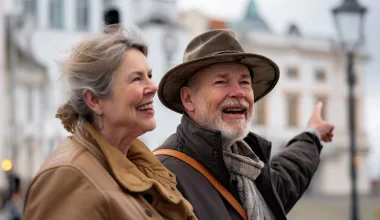 Couple senior souriant explorant la ville.