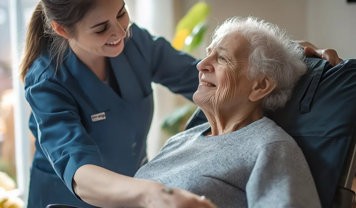 Aide-soignante souriante aidant une personne âgée heureuse.