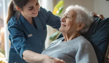 Aide-soignante souriante aidant une personne âgée heureuse.