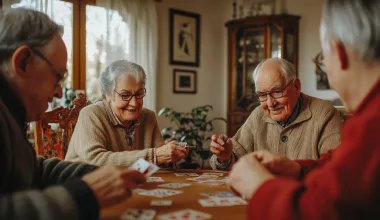 Des seniors jouent aux cartes ensemble.