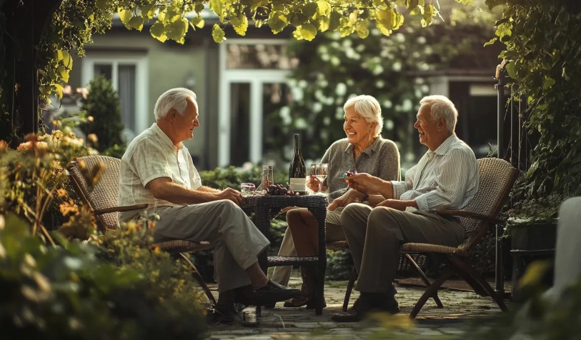 Amis âgés profitant d'un verre dans le jardin.