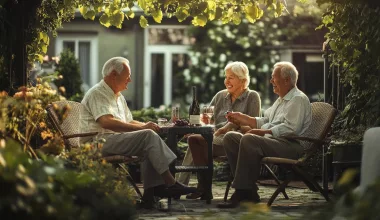 Amis âgés profitant d'un verre dans le jardin.