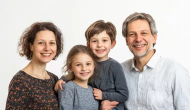 Portrait d'une famille heureuse souriante.