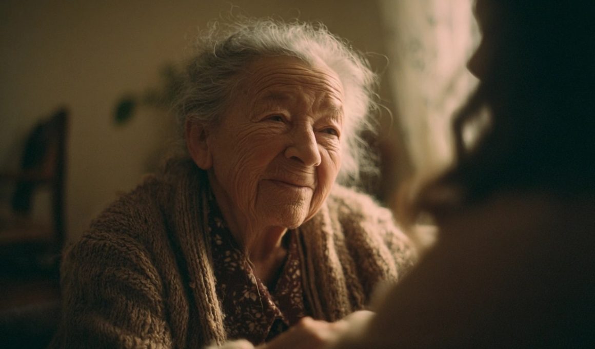Vieille femme souriante portant un gilet marron.