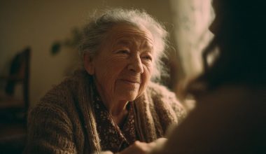 Vieille femme souriante portant un gilet marron.