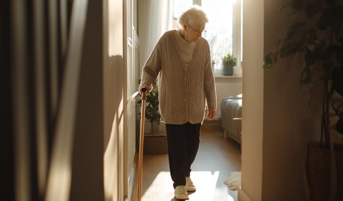 Personne âgée marchant avec canne, éclairée par le soleil.