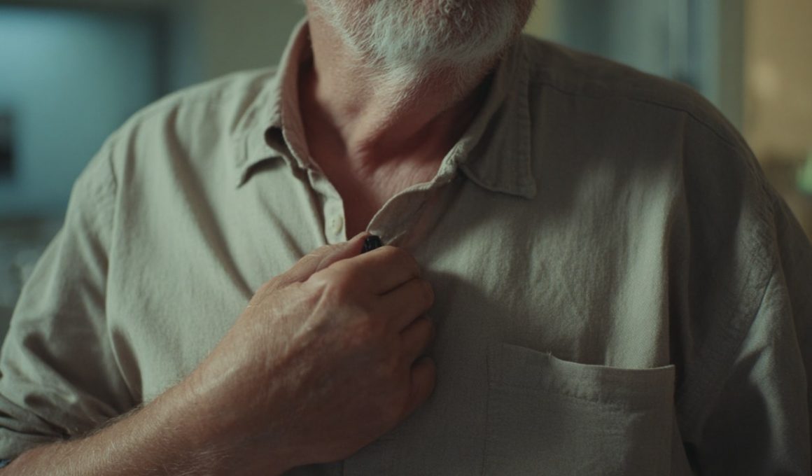 Homme boutonnière chemise grise, intérieur flou