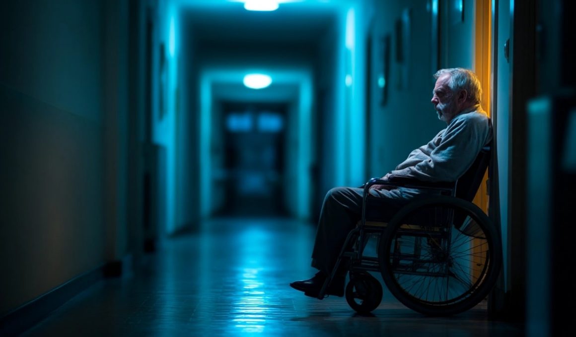 Homme en fauteuil roulant dans un couloir sombre.