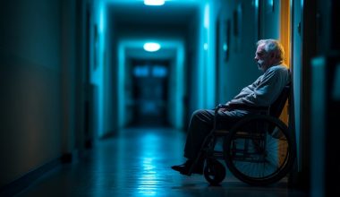 Homme en fauteuil roulant dans un couloir sombre.