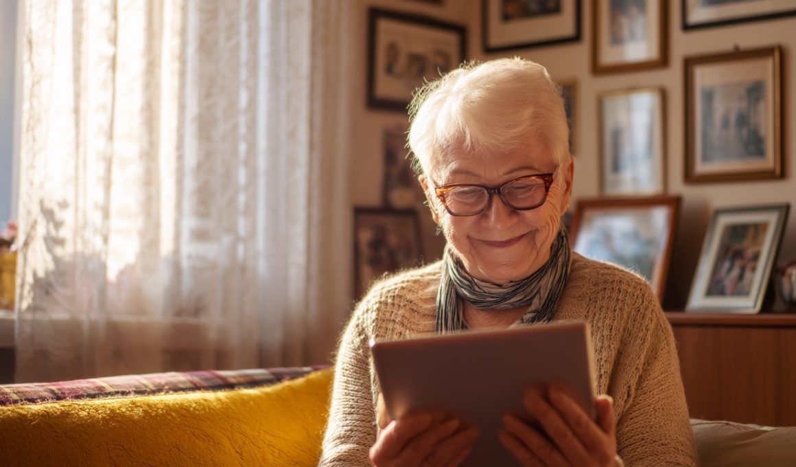 Personne âgée souriant en regardant une tablette.
