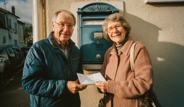 Couple souriant devant une boîte aux lettres.