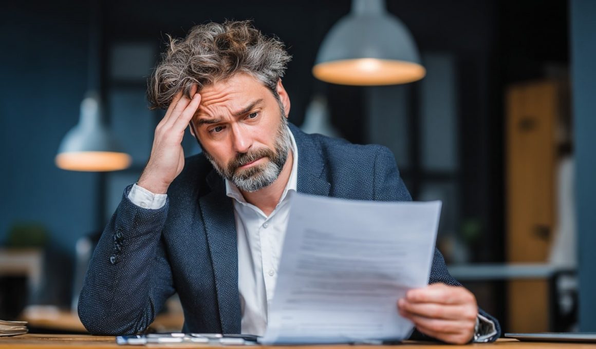 Homme lisant document avec expression préoccupée.