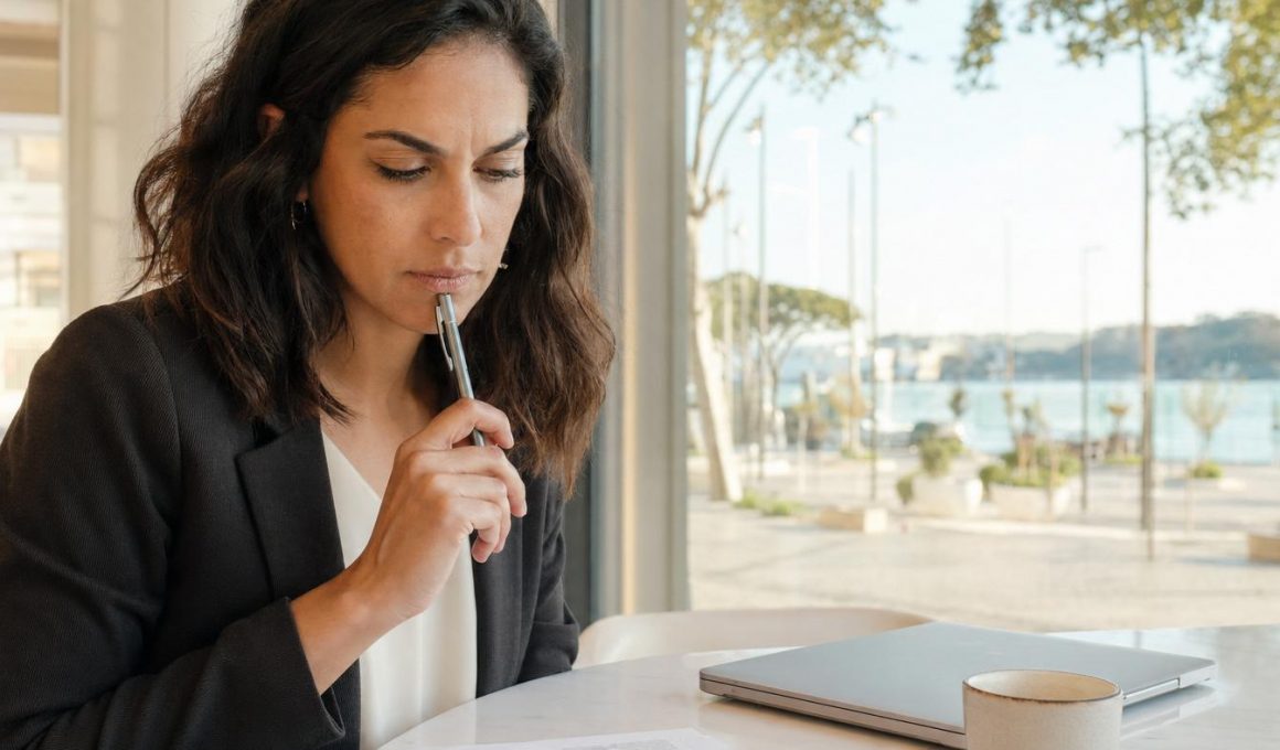 Femme réfléchissant sur des documents à une table