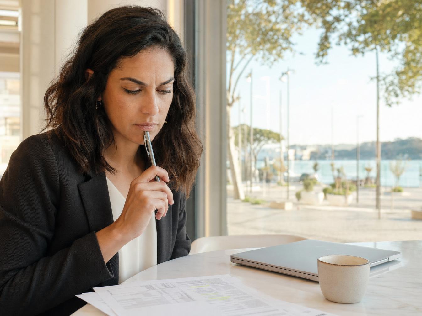 Femme réfléchissant sur des documents à une table
