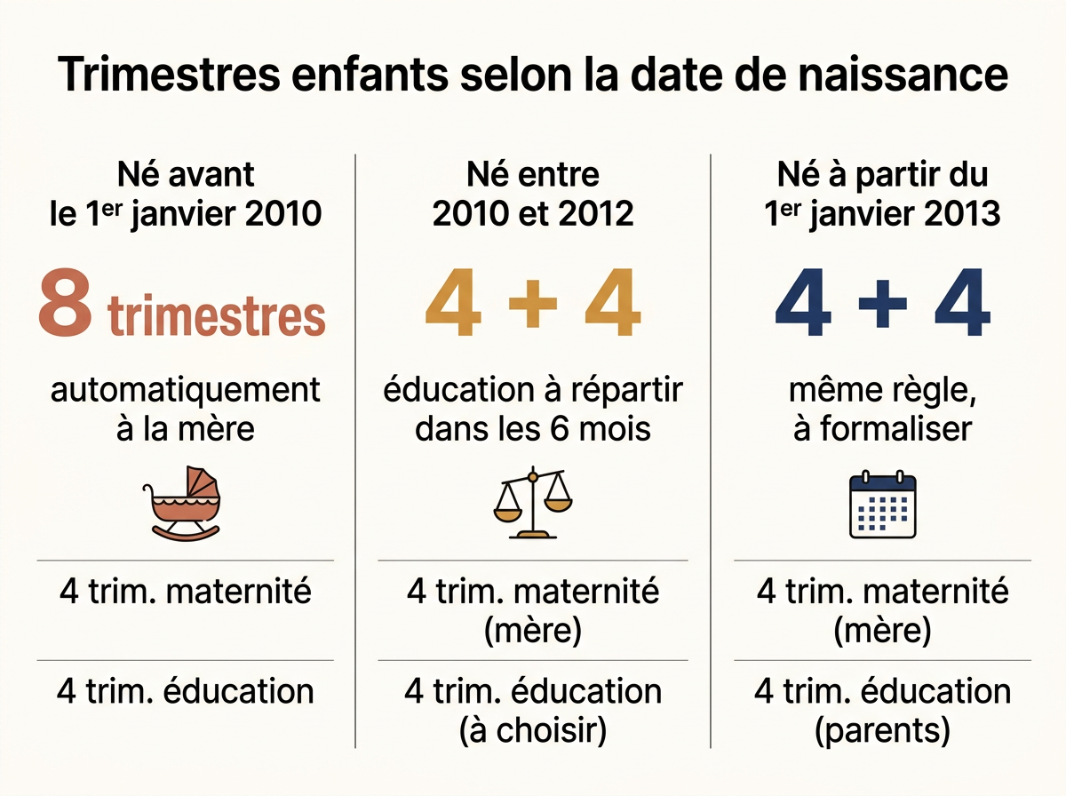 Comparatif des trimestres de majoration pour enfants selon leur date de naissance (avant 2010, 2010-2012, après 2013)