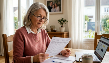 Femme senior lisant un document à domicile