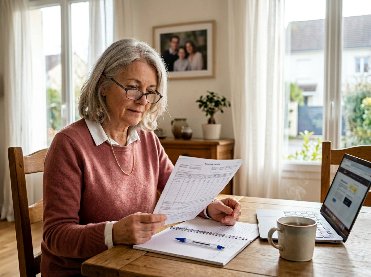 Femme senior lisant un document à domicile