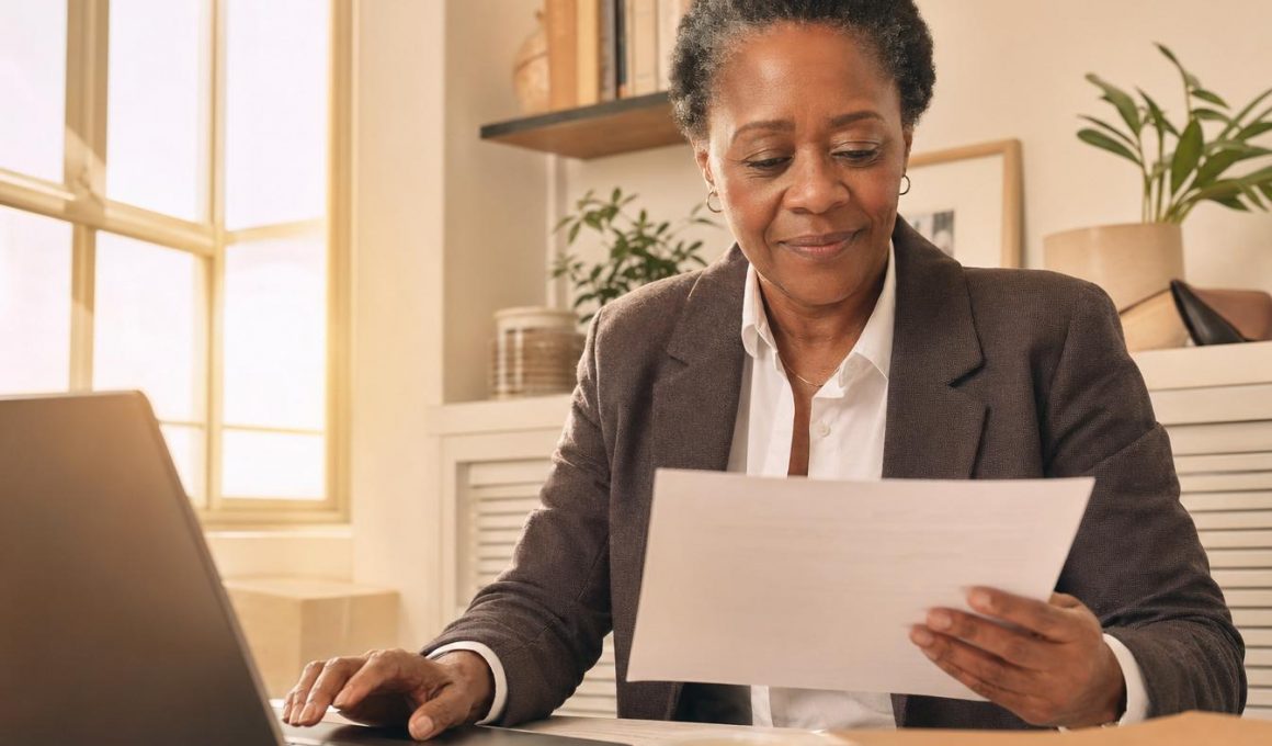 Femme lisant un document devant un ordinateur portable