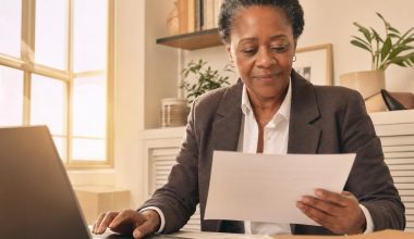 Femme lisant un document devant un ordinateur portable