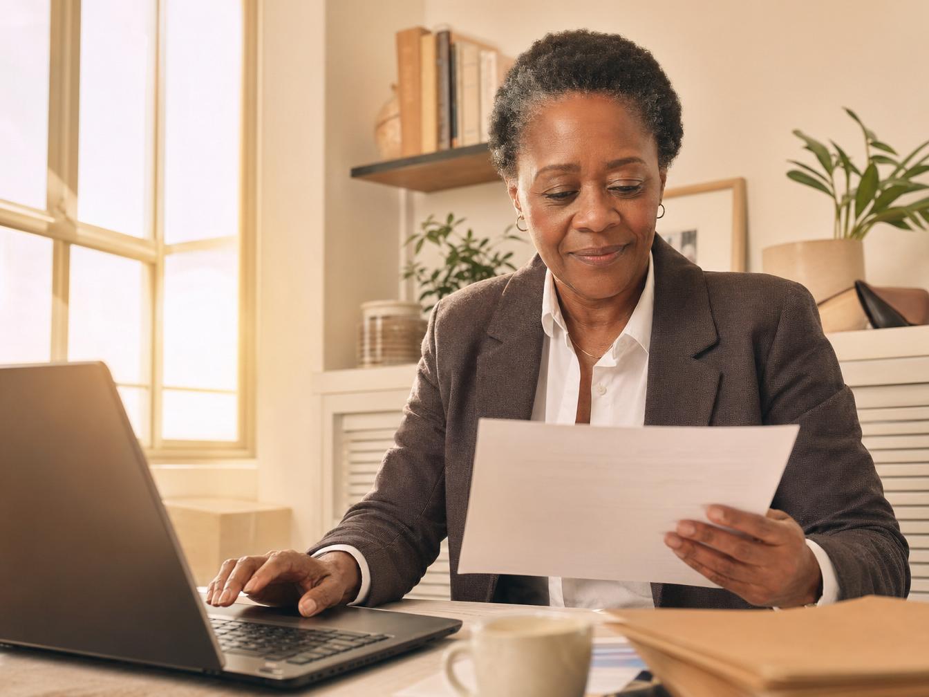 Femme lisant un document devant un ordinateur portable