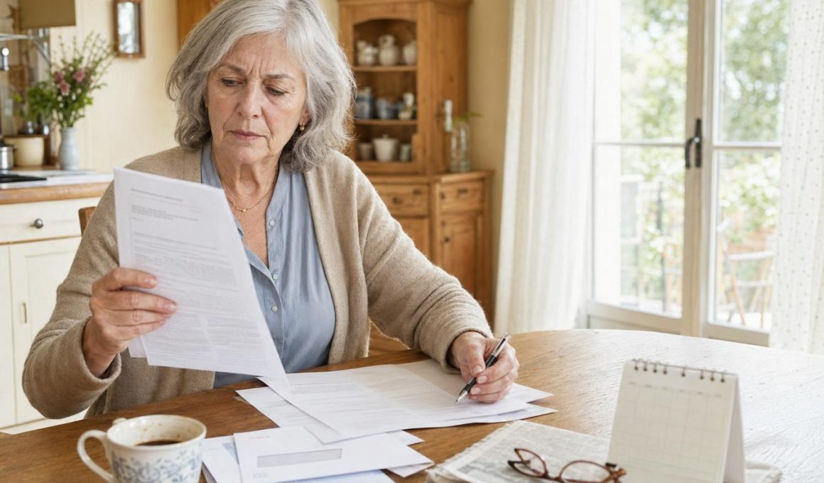Femme âgée examinant des factures à table