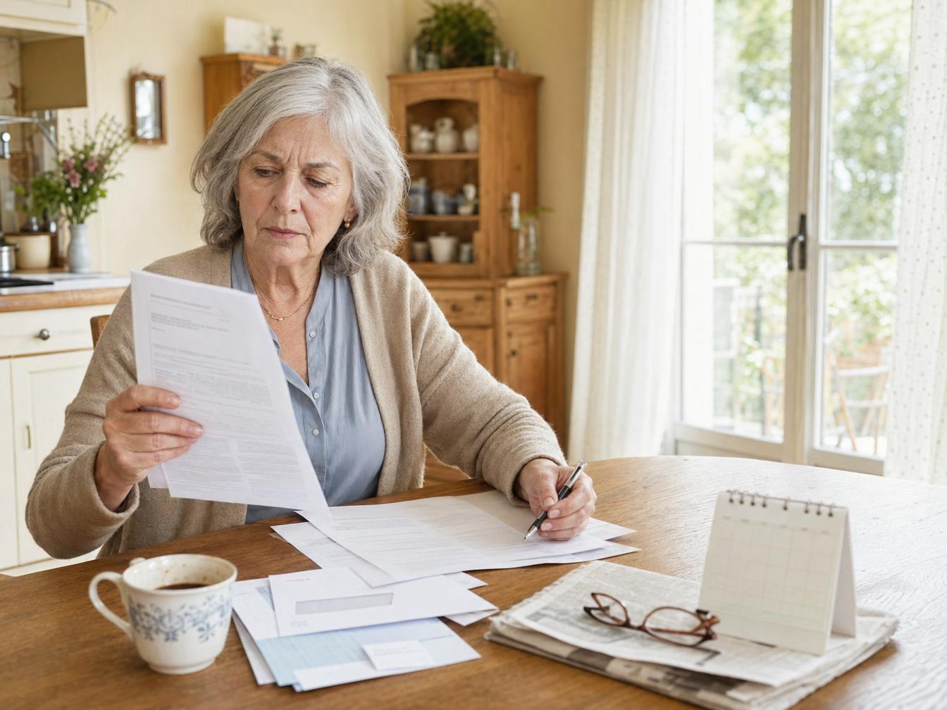 Femme âgée examinant des factures à table