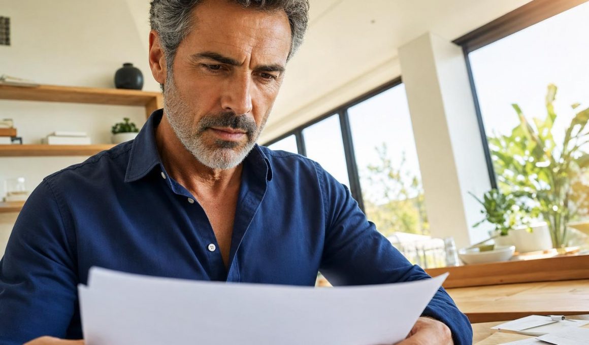 Homme concentré lisant des documents à table