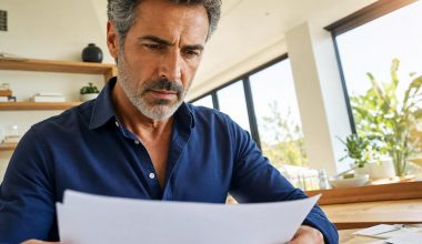 Homme concentré lisant des documents à table