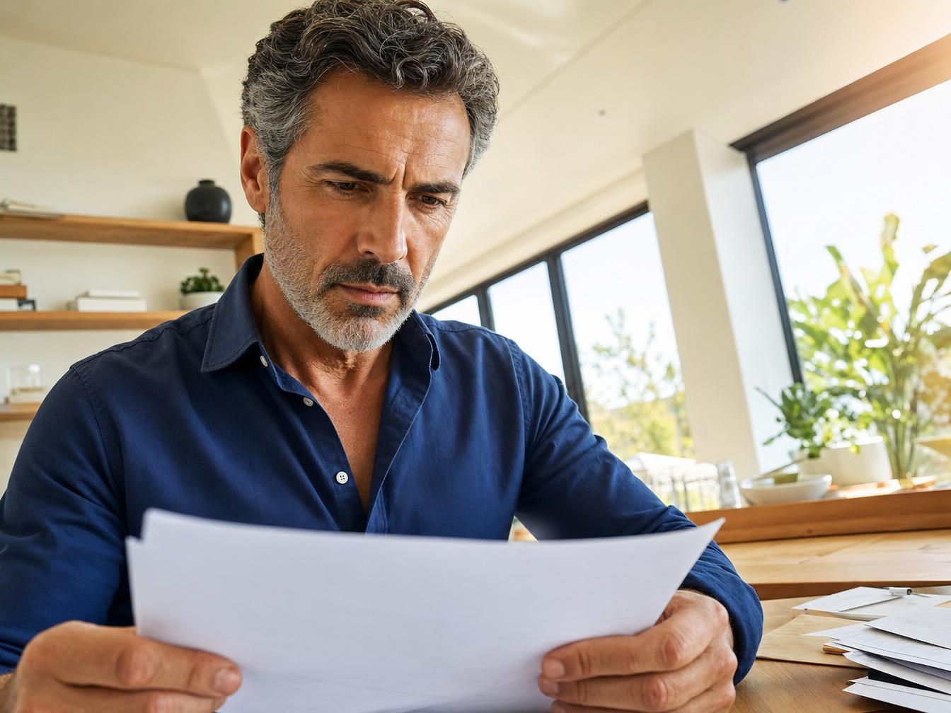 Homme concentré lisant des documents à table