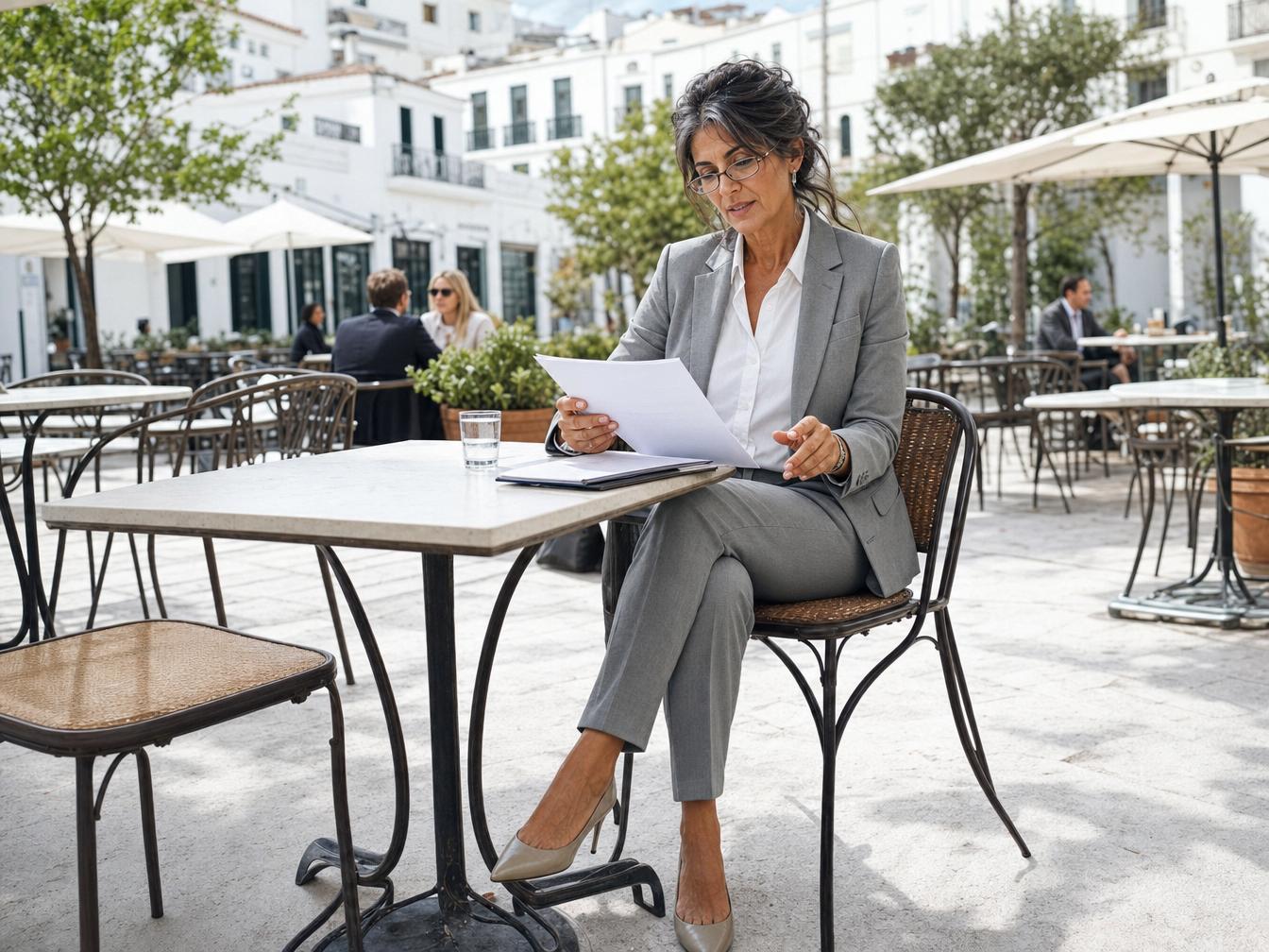 Femme en tailleur lisant un document en terrasse