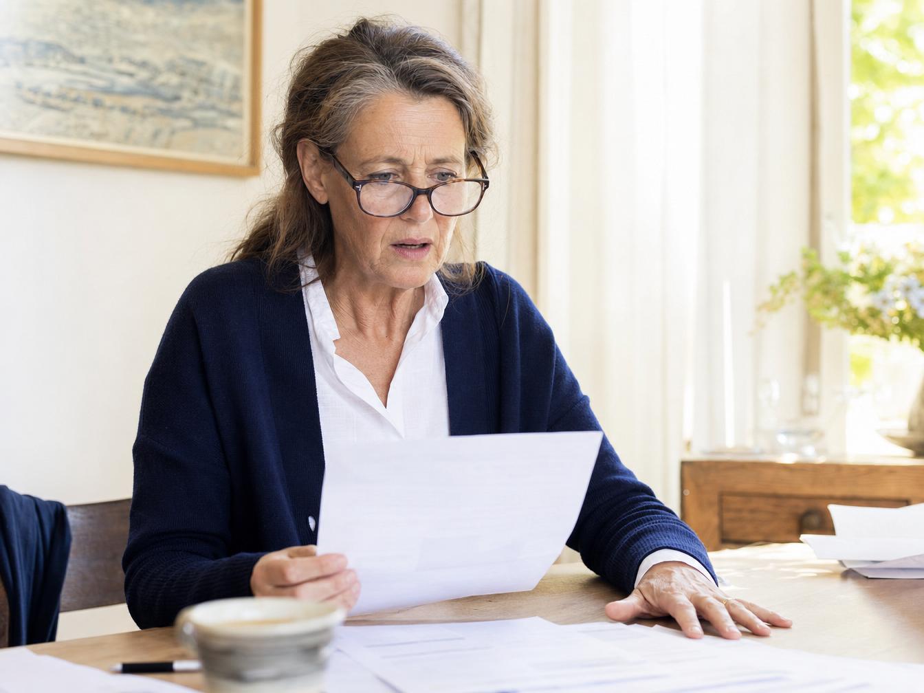 Femme âgée lisant un document avec inquiétude