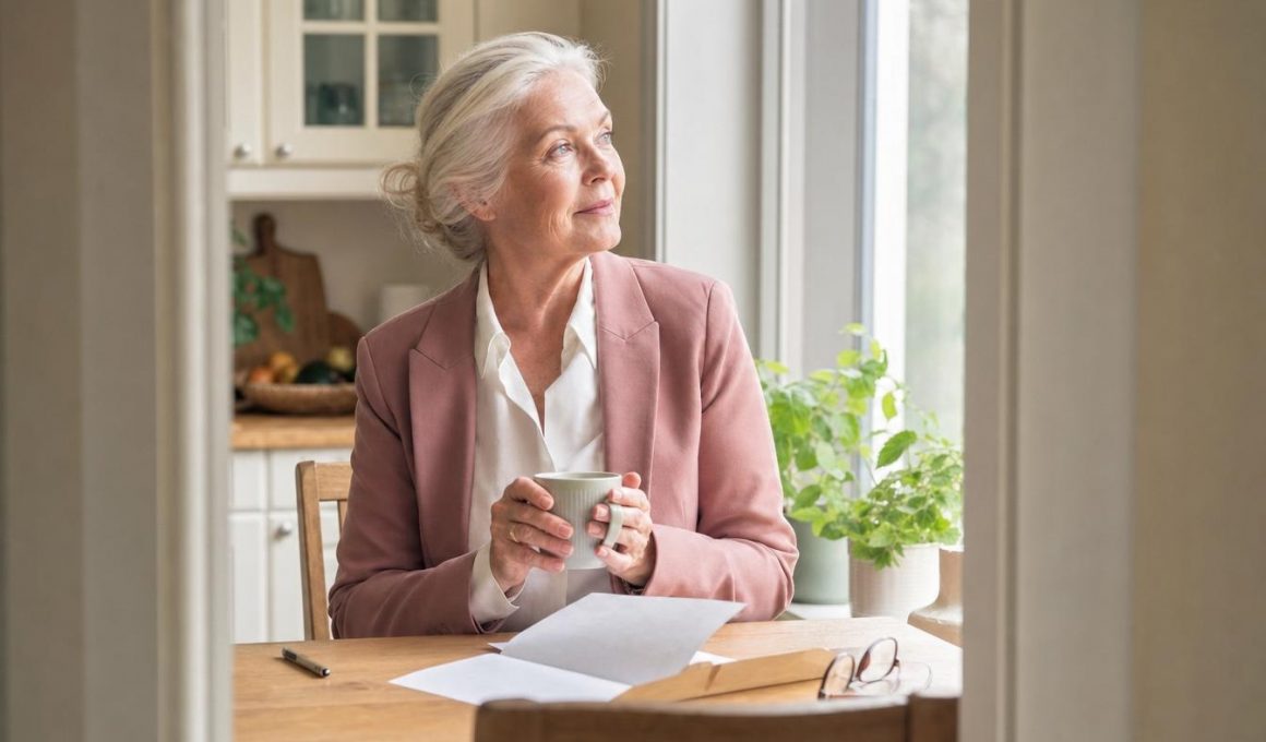 Femme senior tenant une tasse à table