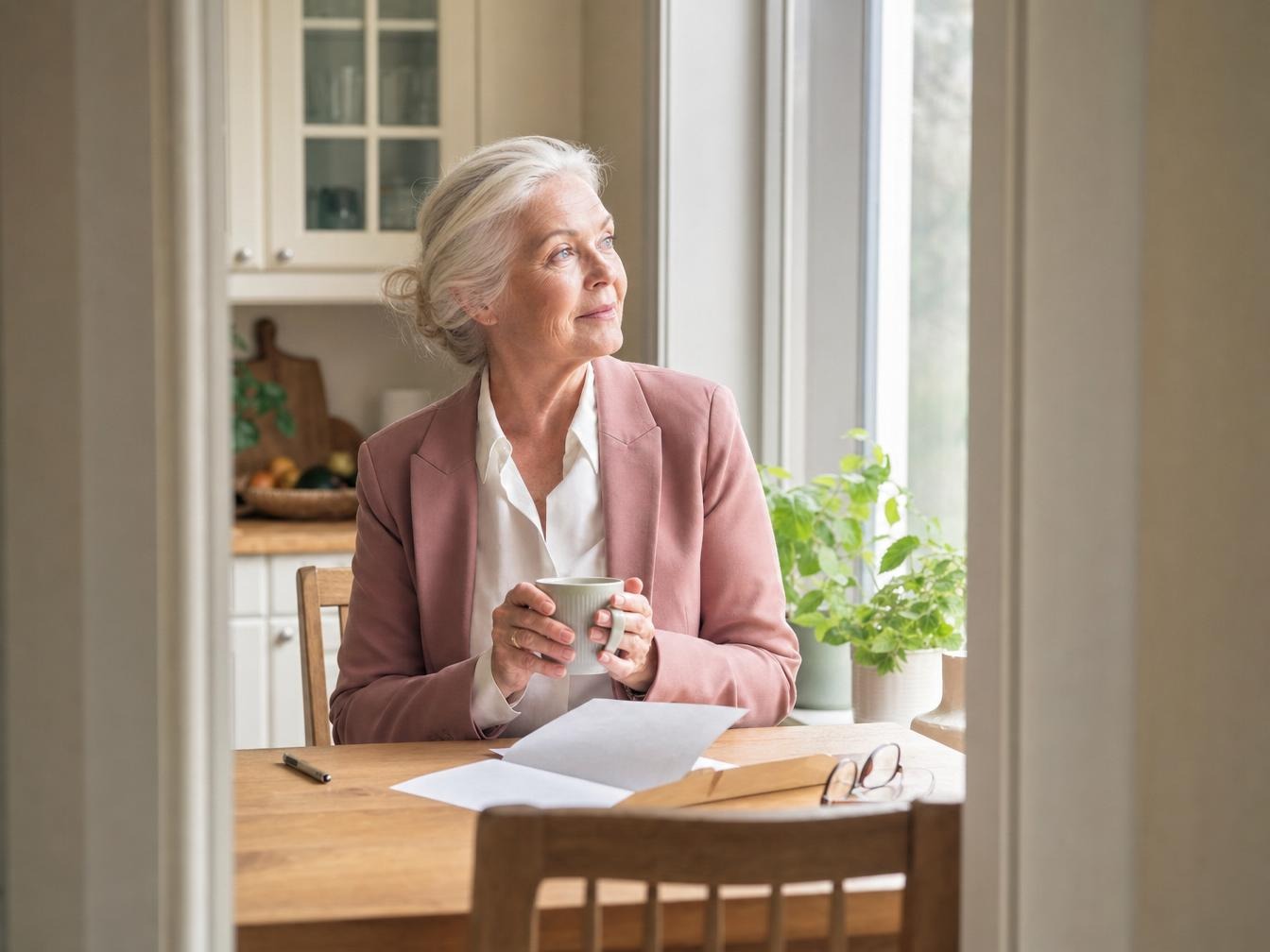 Femme senior tenant une tasse à table