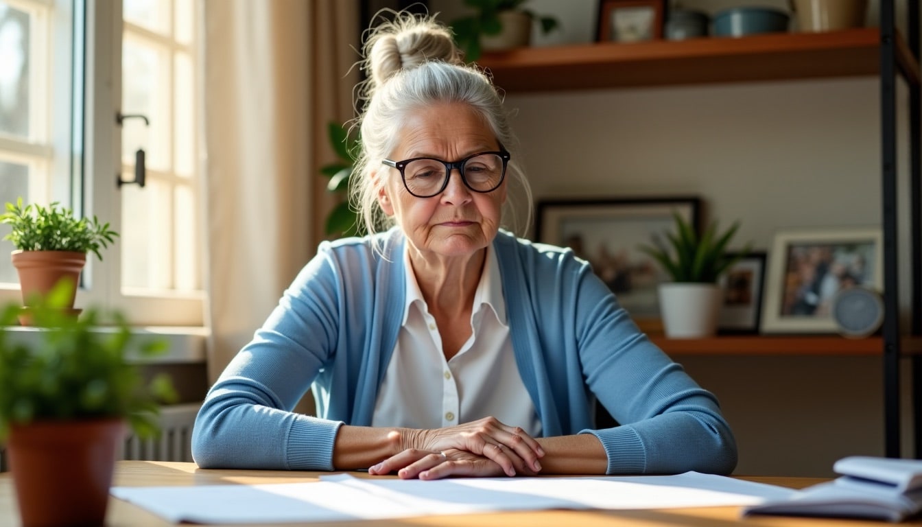 Femme âgée préoccupée assise devant des documents