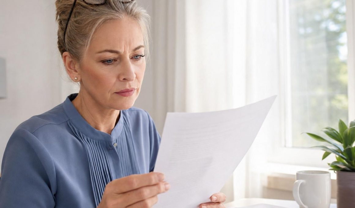 Femme mûre lisant un document à son bureau