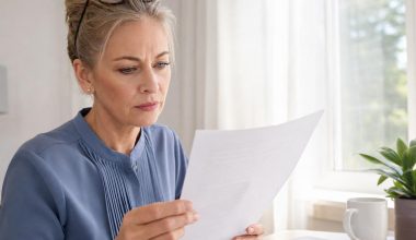Femme mûre lisant un document à son bureau