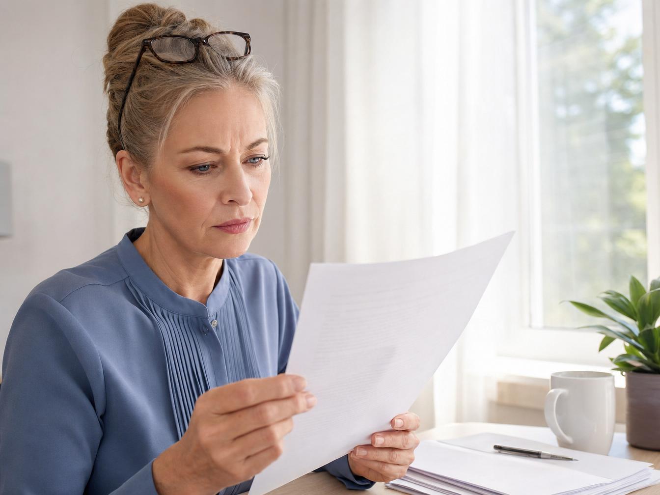 Femme mûre lisant un document à son bureau