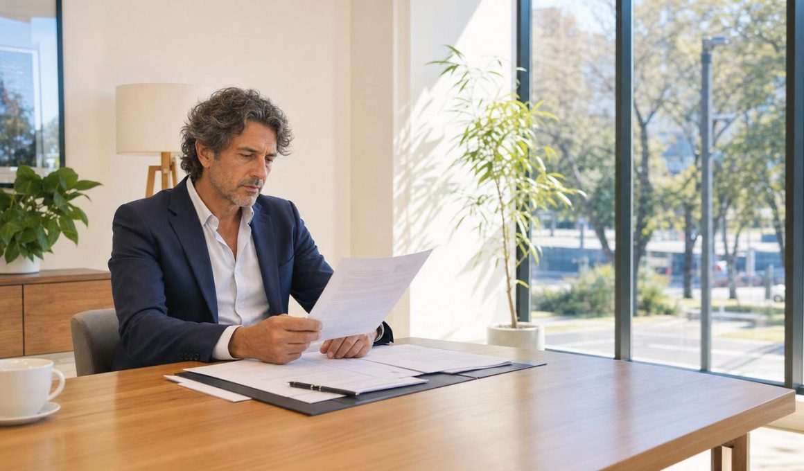 Retraite pour inaptitude – un homme en blazer navy consulte un document administratif dans un bureau lumineux