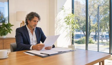 Retraite pour inaptitude – un homme en blazer navy consulte un document administratif dans un bureau lumineux