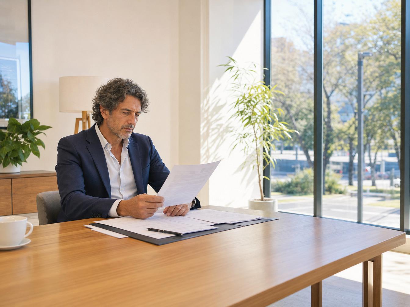 Retraite pour inaptitude – un homme en blazer navy consulte un document administratif dans un bureau lumineux