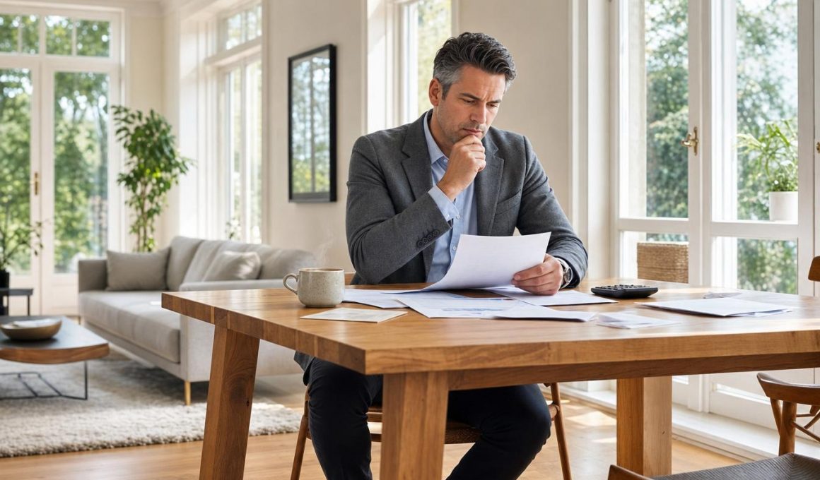 Homme examinant des documents à table chez lui