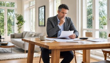 Homme examinant des documents à table chez lui