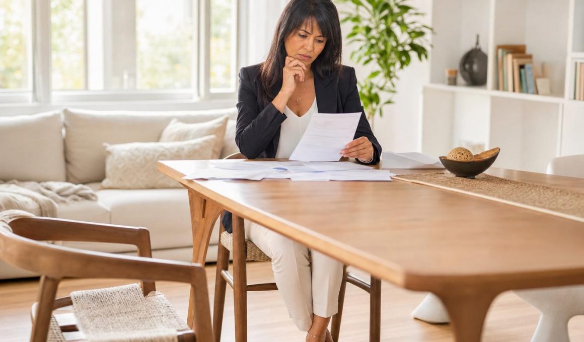 Femme dans la quarantaine consultant ses documents de retraite dans un appartement lumineux
