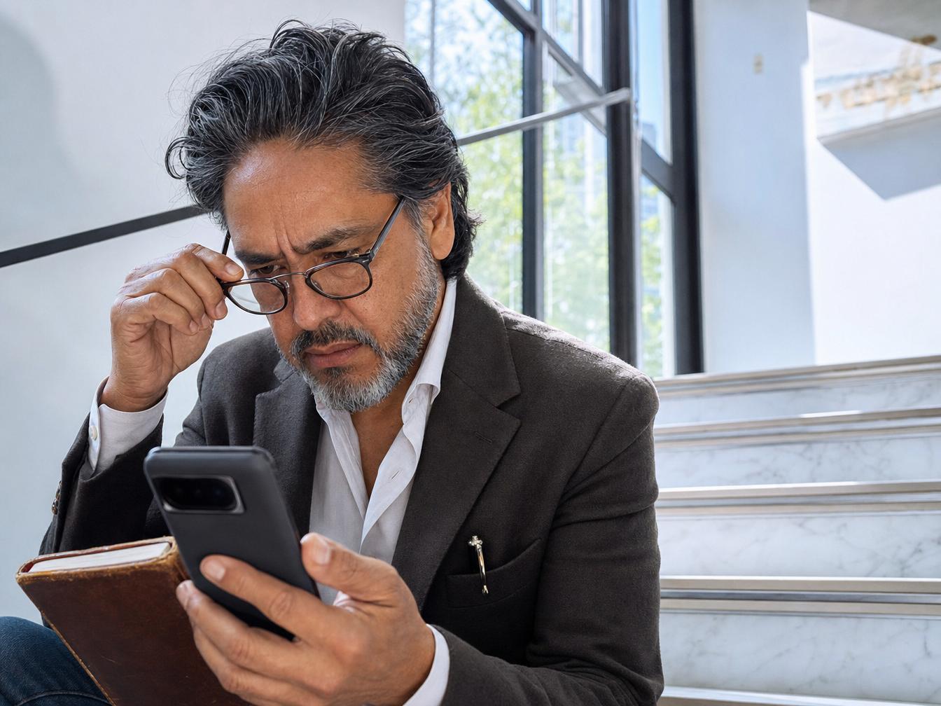 Homme consultant son smartphone pour simuler sa retraite 2026 avec Mon estimation retraite