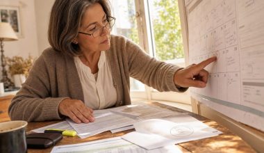 Femme consultant un calendrier et des factures